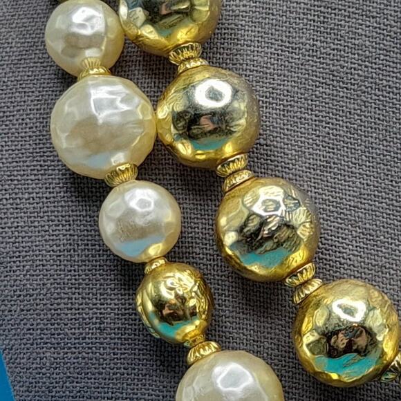 Mid-Century Two Strand Large Bead Necklace, Faux Pearls, Gold Globe Beads, 18 In - Picture 4 of 11
